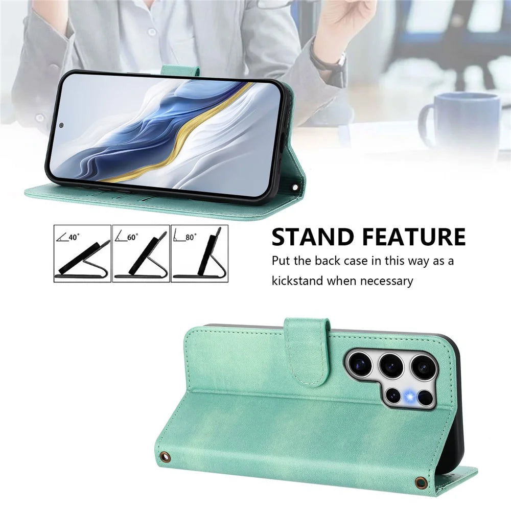 For Samsung Galaxy S25 Ultra Cases Wallet Stand Retro Texture Leather Phone Cover with Lanyard - Mint Green - 4