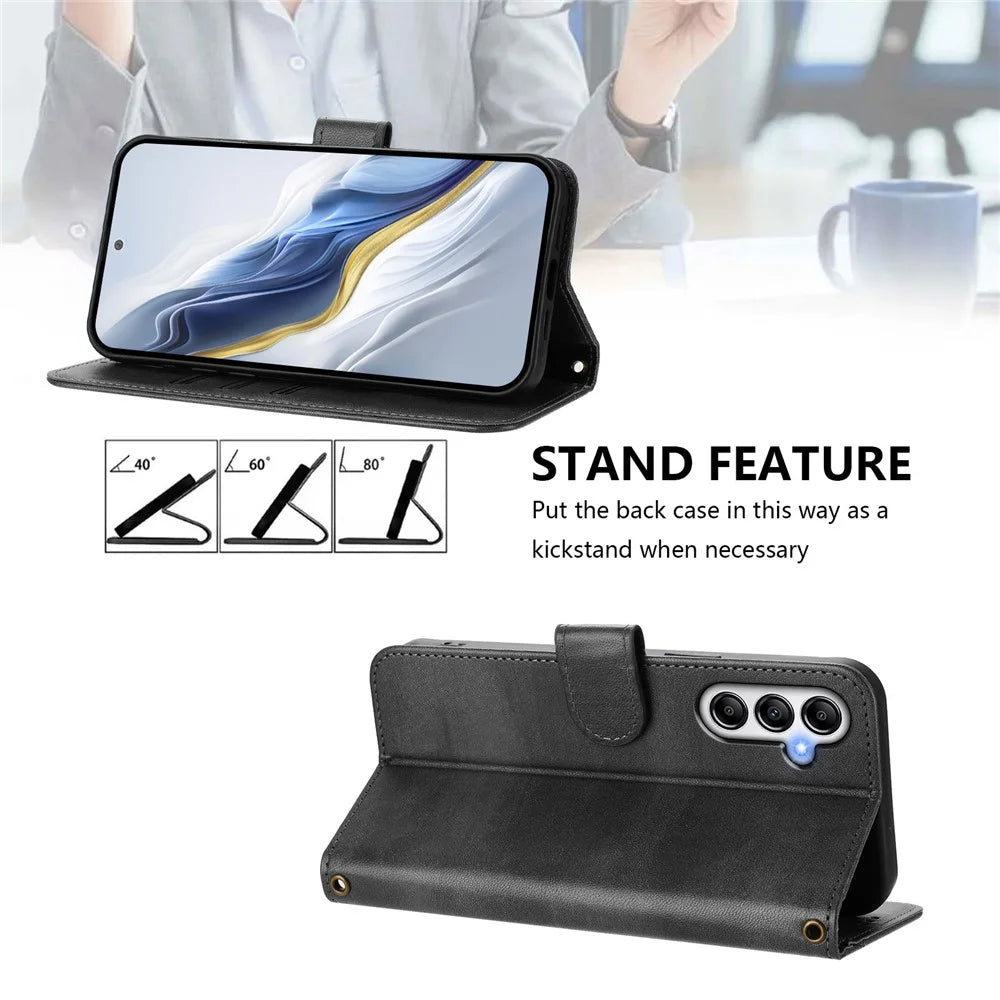 For Samsung Galaxy A14 4G / Galaxy A14 5G Cases Wallet Stand Retro Texture Leather Phone Cover with Lanyard - Black - 4