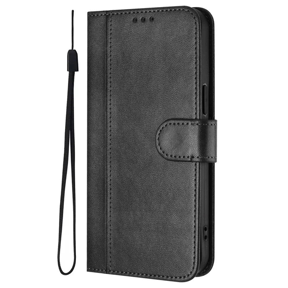 For Samsung Galaxy A14 4G / Galaxy A14 5G Cases Wallet Stand Retro Texture Leather Phone Cover with Lanyard - Black - 5