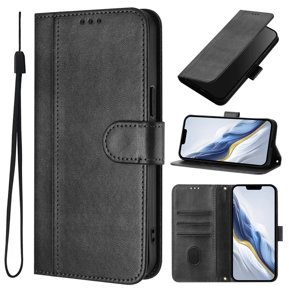 For Samsung Galaxy A14 4G / Galaxy A14 5G Cases Wallet Stand Retro Texture Leather Phone Cover with Lanyard - Black - 6