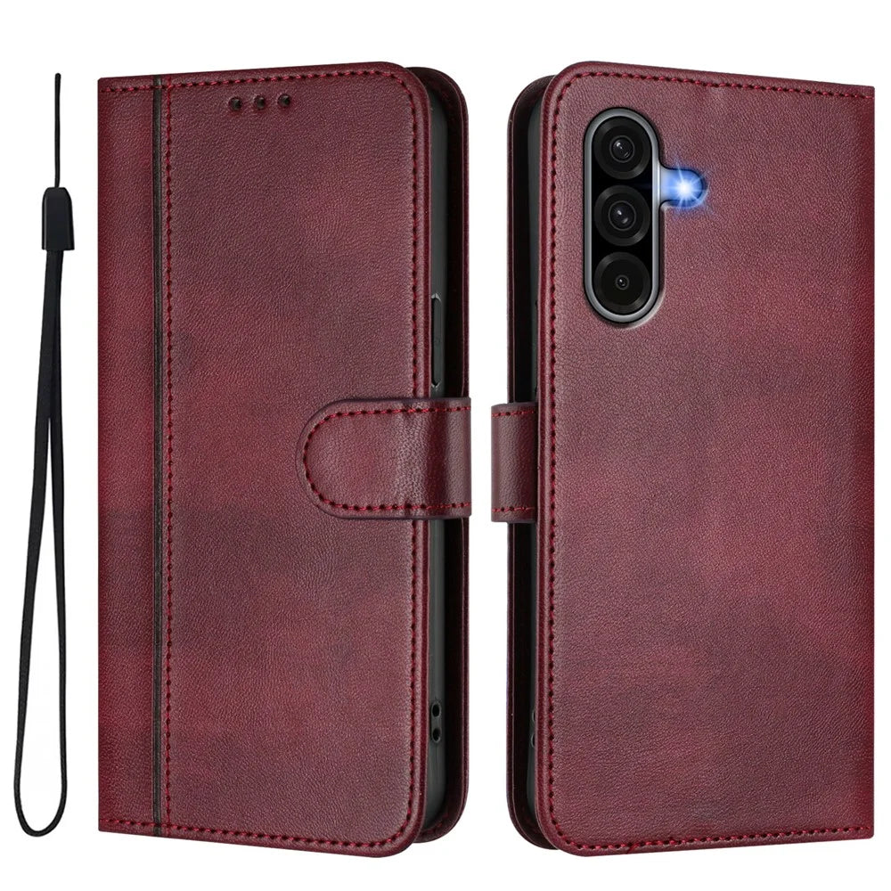 For Samsung Galaxy A37 5G / A56 5G / A36 5G Cases Wallet Stand Retro Texture Leather Phone Cover with Lanyard - Wine Red - 1