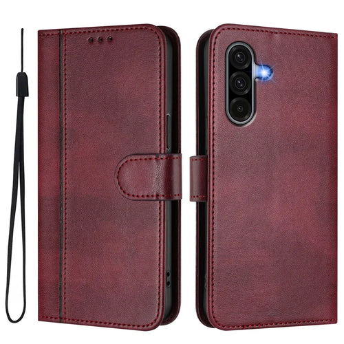 For Samsung Galaxy A37 5G / A56 5G / A36 5G Cases Wallet Stand Retro Texture Leather Phone Cover with Lanyard - Wine Red - 1