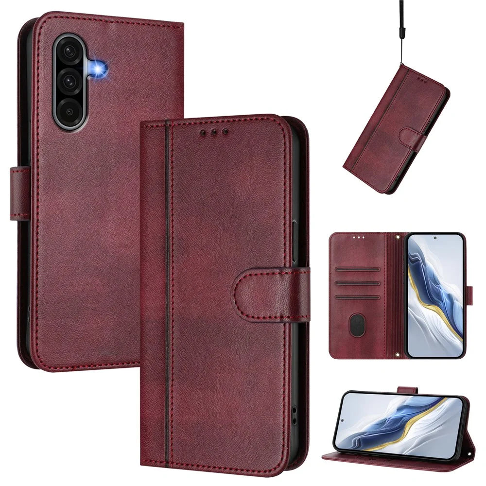 For Samsung Galaxy A37 5G / A56 5G / A36 5G Cases Wallet Stand Retro Texture Leather Phone Cover with Lanyard - Wine Red - 2