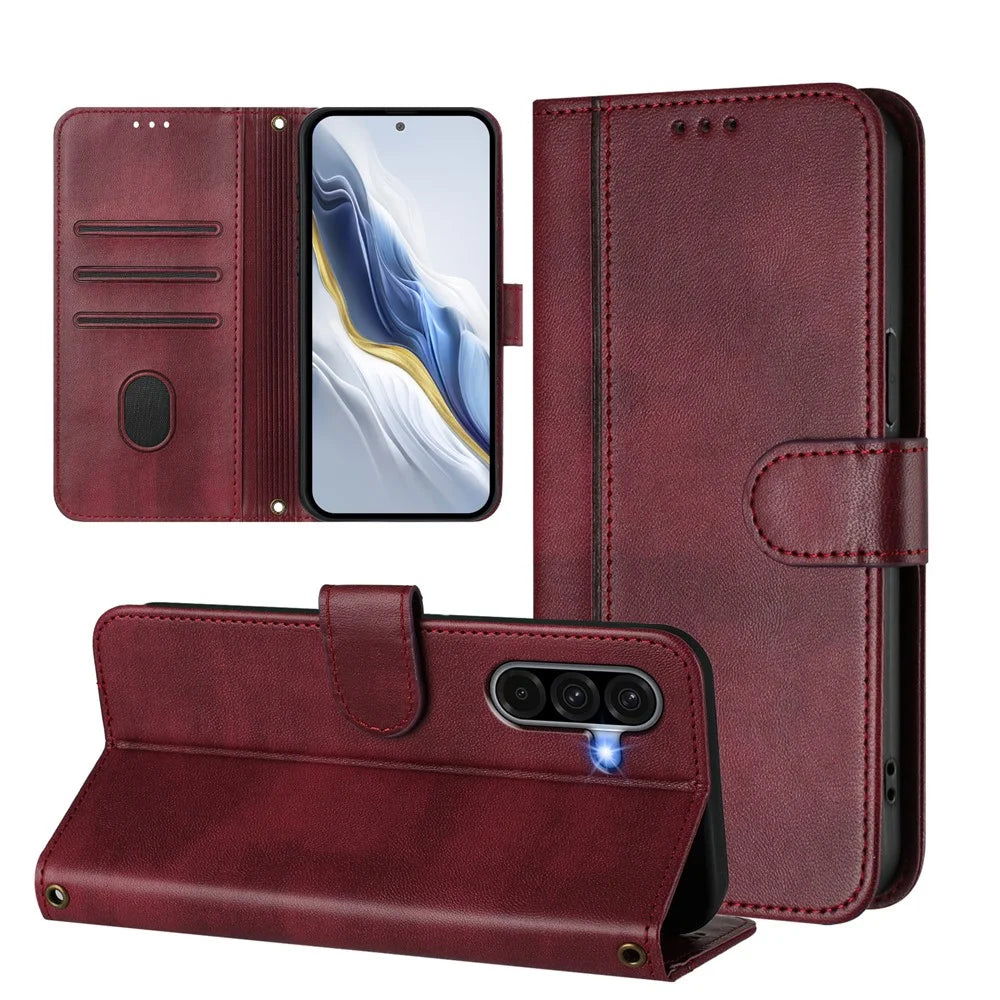 For Samsung Galaxy A37 5G / A56 5G / A36 5G Cases Wallet Stand Retro Texture Leather Phone Cover with Lanyard - Wine Red - 3
