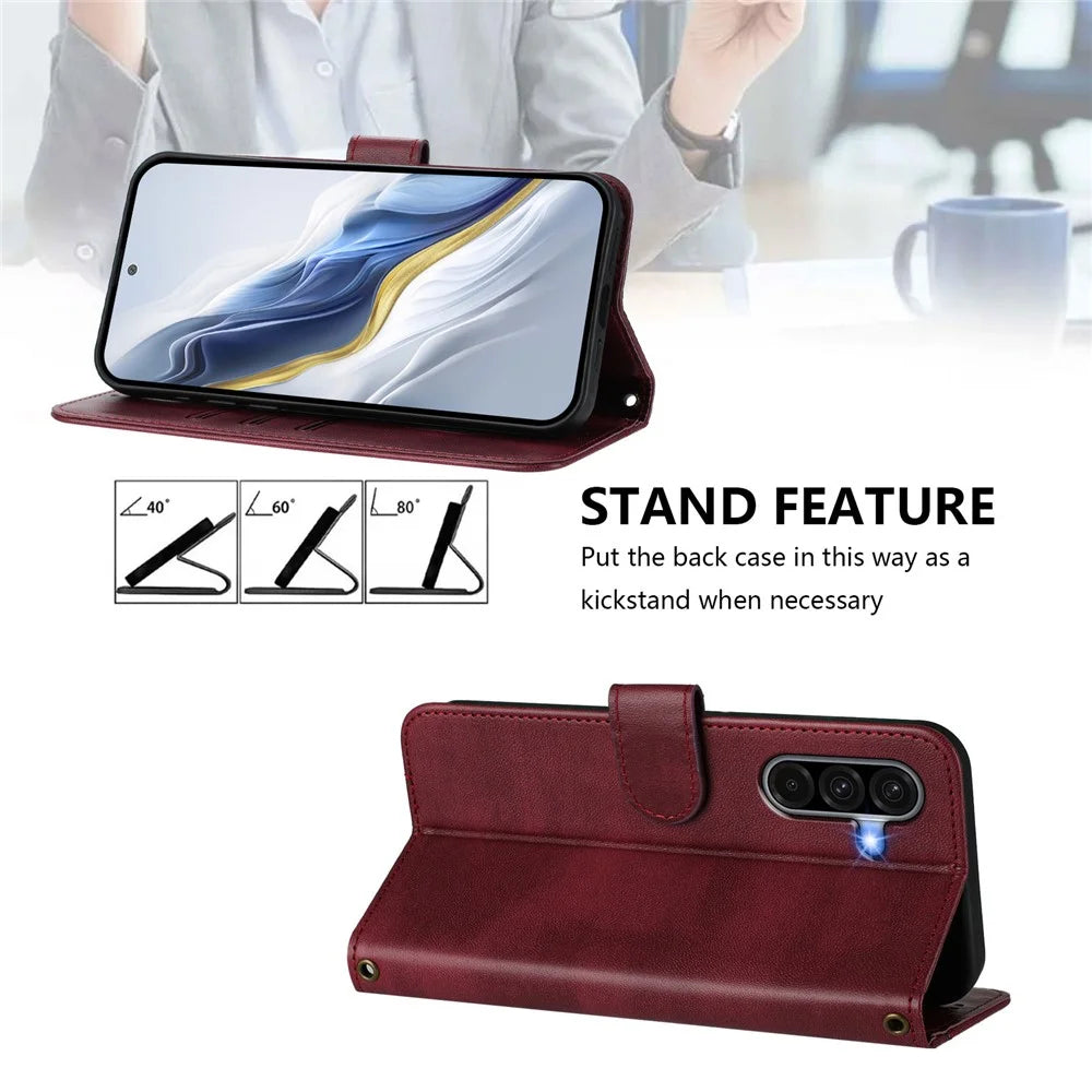 For Samsung Galaxy A37 5G / A56 5G / A36 5G Cases Wallet Stand Retro Texture Leather Phone Cover with Lanyard - Wine Red - 4