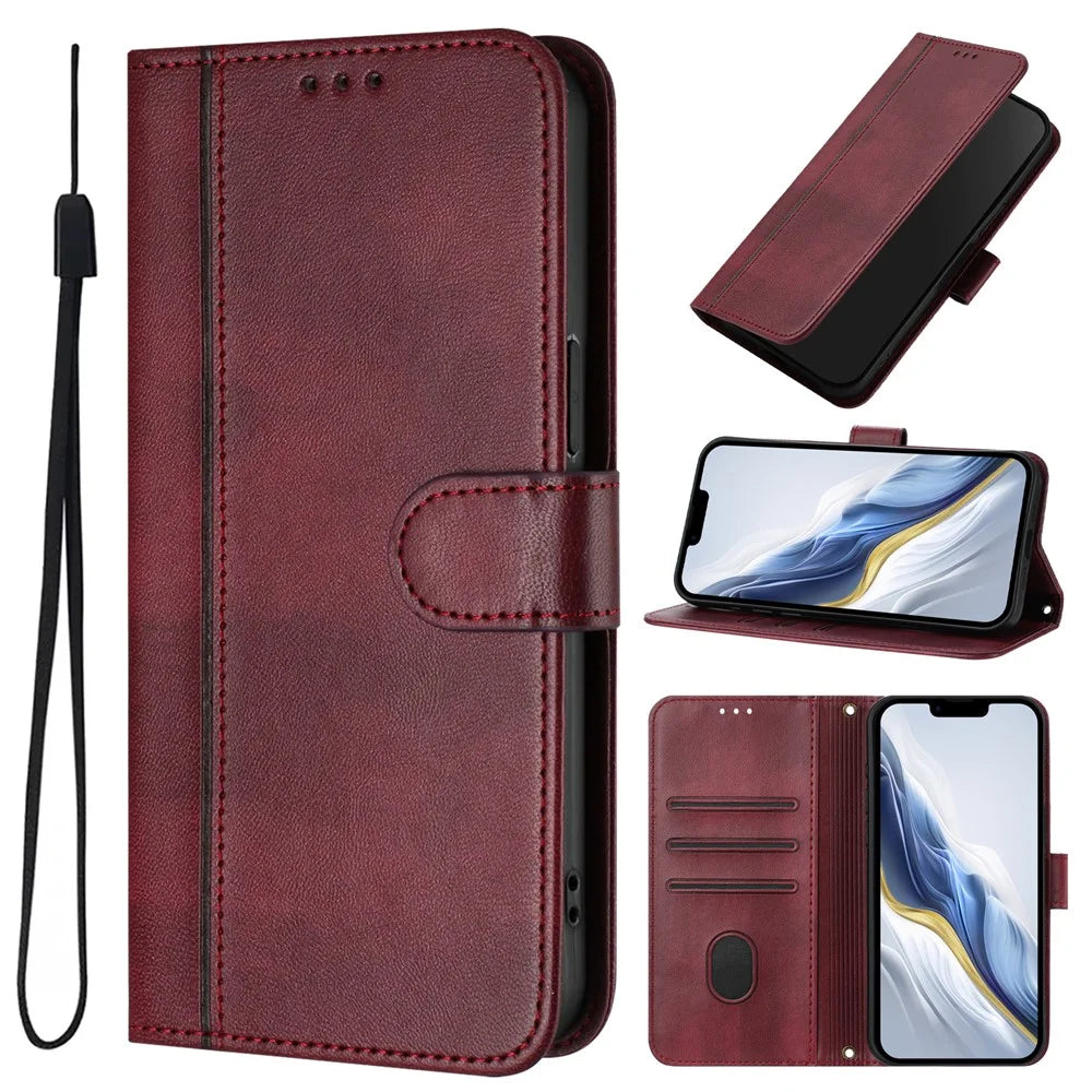 For Samsung Galaxy A37 5G / A56 5G / A36 5G Cases Wallet Stand Retro Texture Leather Phone Cover with Lanyard - Wine Red - 6