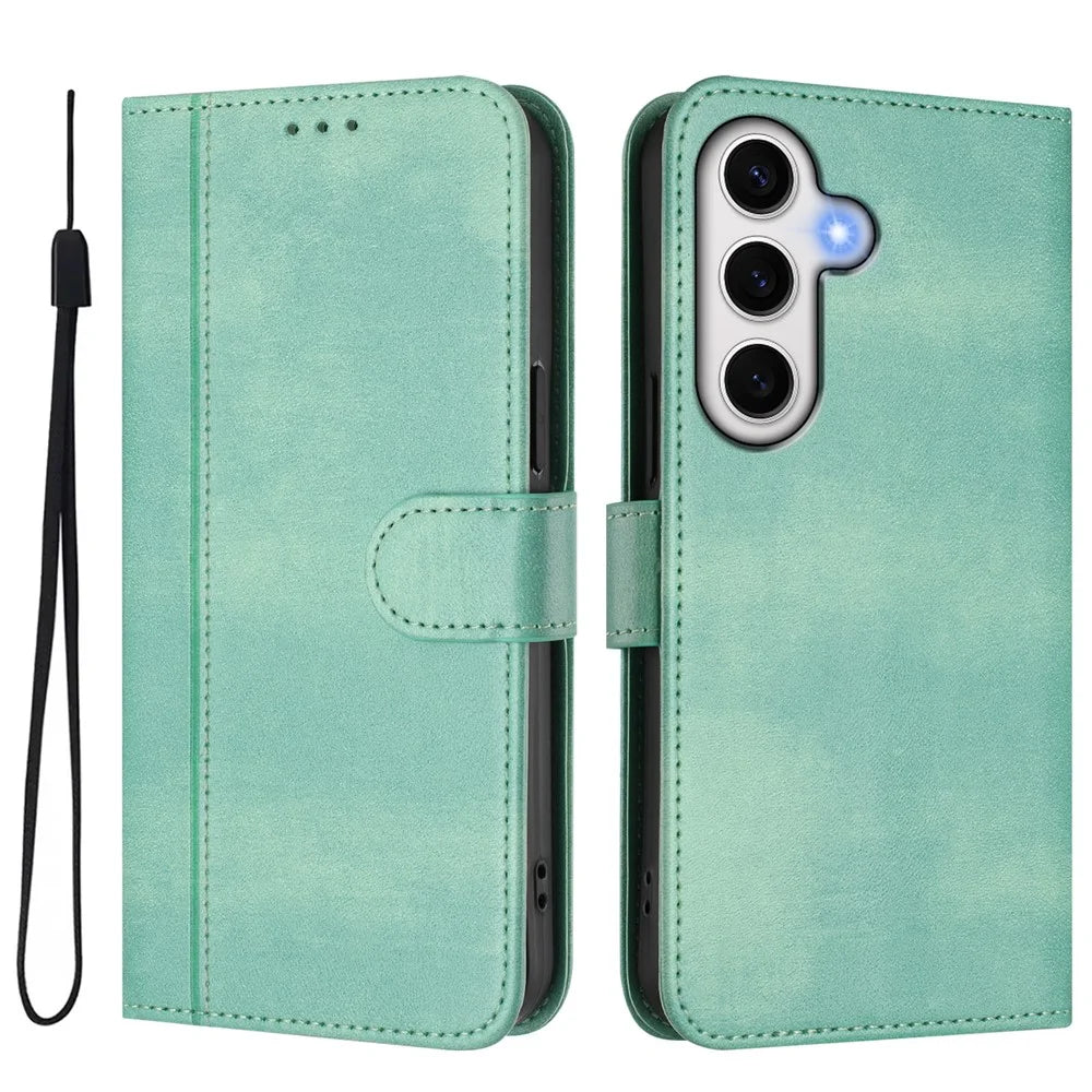 For Samsung Galaxy S24 FE Cases Wallet Stand Retro Texture Leather Phone Cover with Lanyard - Mint Green - 1