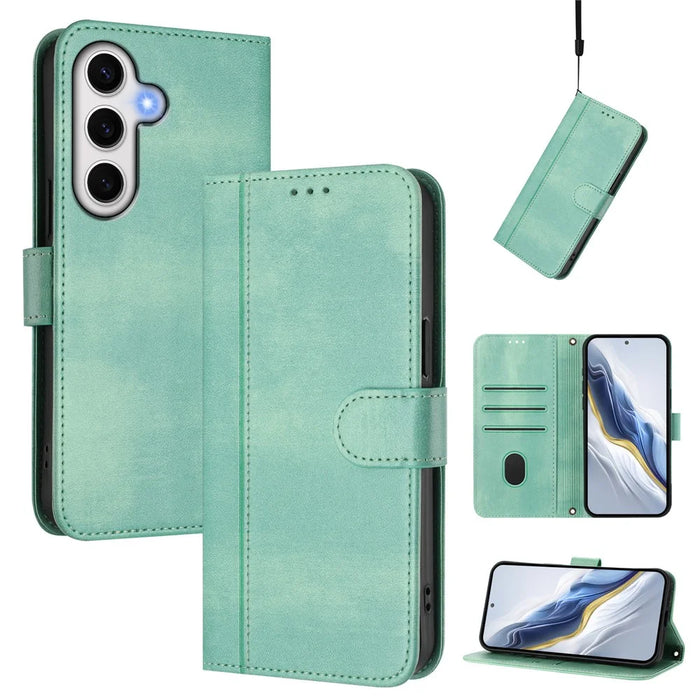 For Samsung Galaxy S24 FE Cases Wallet Stand Retro Texture Leather Phone Cover with Lanyard - Mint Green - 2