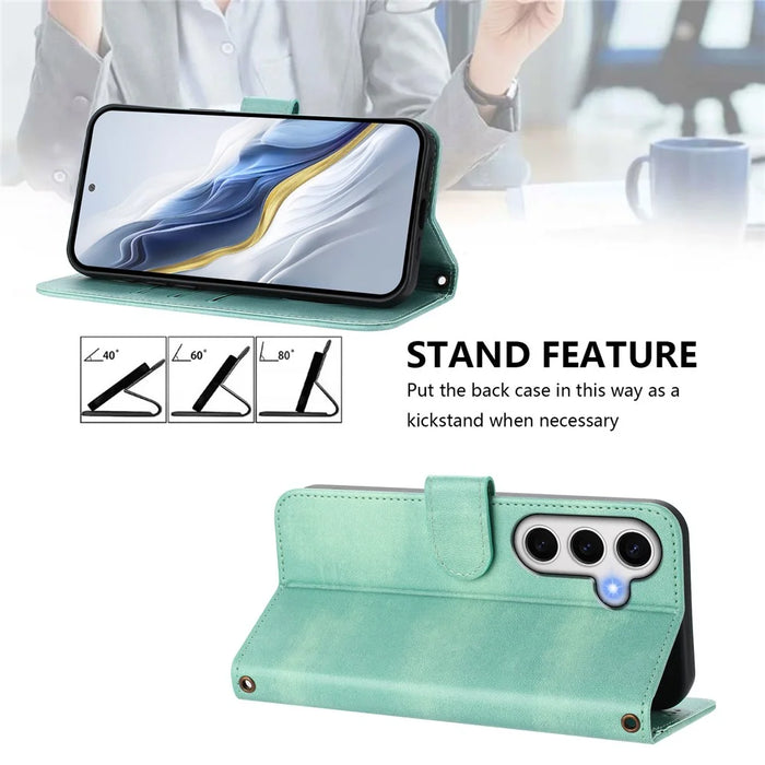 For Samsung Galaxy S24 FE Cases Wallet Stand Retro Texture Leather Phone Cover with Lanyard - Mint Green - 4