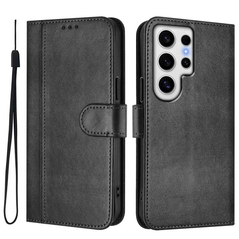 For Samsung Galaxy S24 Ultra Cases Wallet Stand Retro Texture Leather Phone Cover with Lanyard - Black - 1