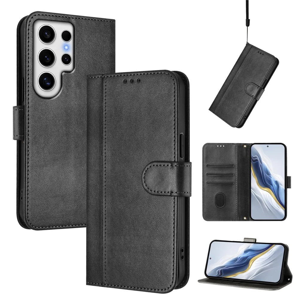 For Samsung Galaxy S24 Ultra Cases Wallet Stand Retro Texture Leather Phone Cover with Lanyard - Black - 2