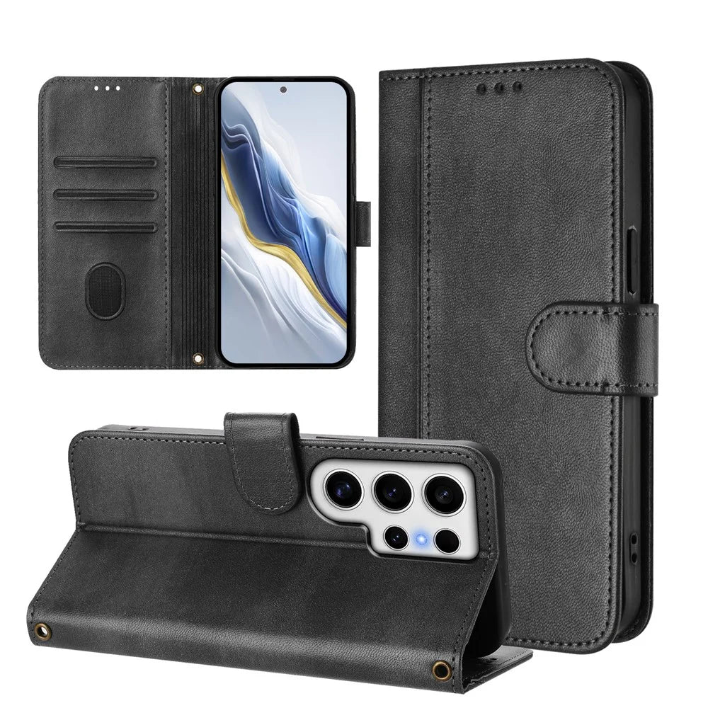 For Samsung Galaxy S24 Ultra Cases Wallet Stand Retro Texture Leather Phone Cover with Lanyard - Black - 3