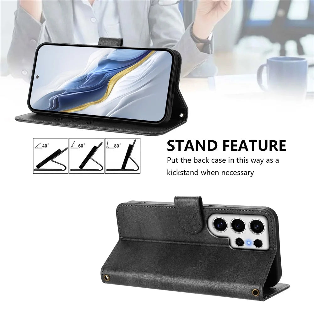 For Samsung Galaxy S24 Ultra Cases Wallet Stand Retro Texture Leather Phone Cover with Lanyard - Black - 4