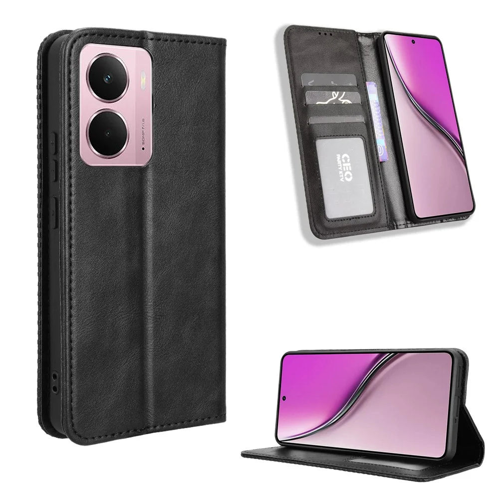For Realme Neo7x 5G / Realme 14 5G / Realme P3 5G Retro PU Leather Case Phone Wallet Stand Cover - Black - 1