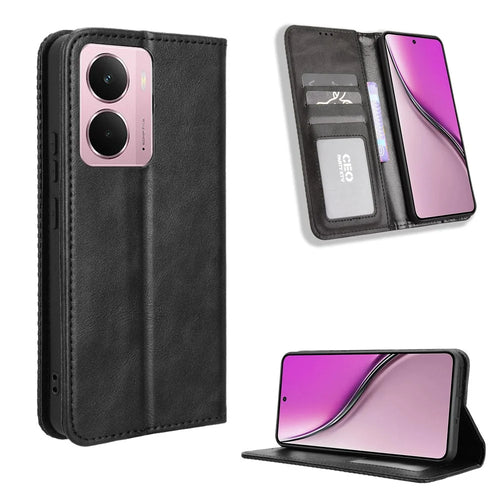 For Realme Neo7x 5G / Realme 14 5G / Realme P3 5G Retro PU Leather Case Phone Wallet Stand Cover - Black - 1