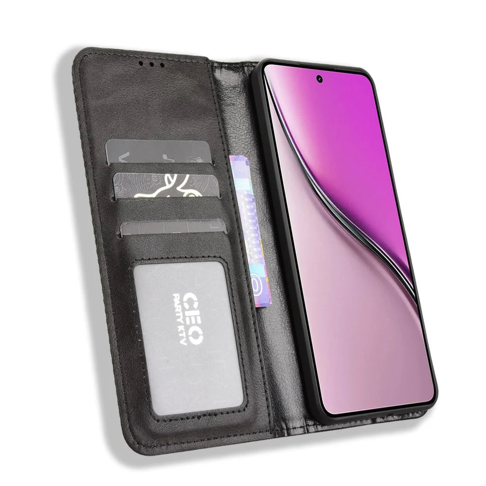 For Realme Neo7x 5G / Realme 14 5G / Realme P3 5G Retro PU Leather Case Phone Wallet Stand Cover - Black - 5
