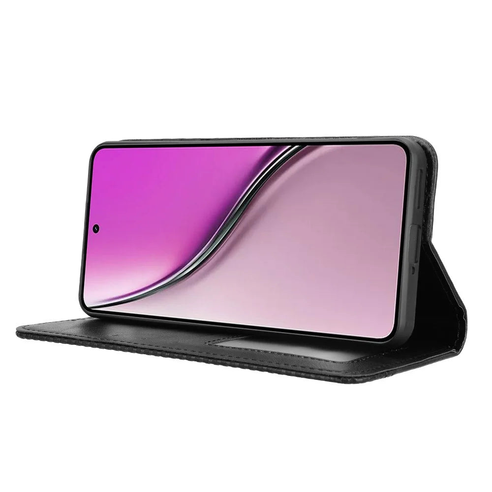 For Realme Neo7x 5G / Realme 14 5G / Realme P3 5G Retro PU Leather Case Phone Wallet Stand Cover - Black - 6
