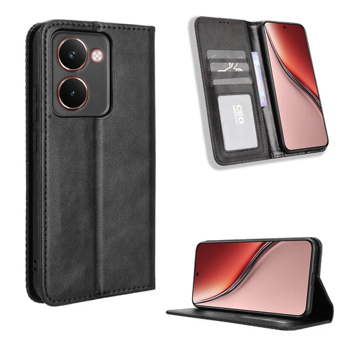 For Realme P3 Ultra 5G Retro PU Leather Case Phone Wallet Stand Cover - Black - 1