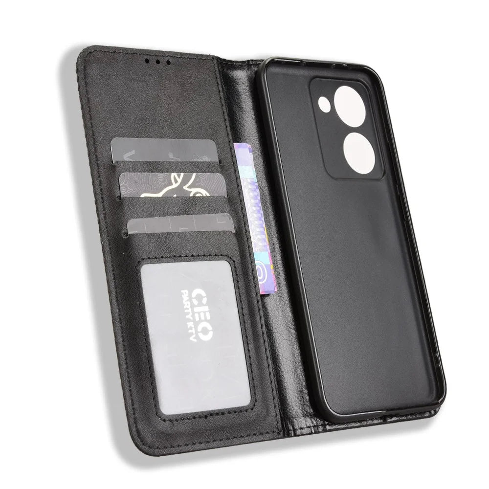 For Realme P3 Ultra 5G Retro PU Leather Case Phone Wallet Stand Cover - Black - 4