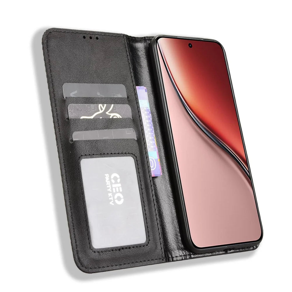 For Realme P3 Ultra 5G Retro PU Leather Case Phone Wallet Stand Cover - Black - 5