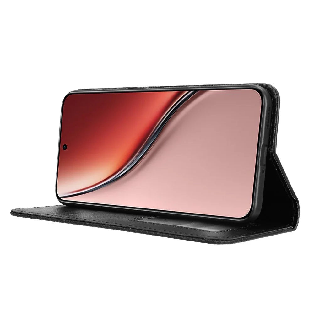 For Realme P3 Ultra 5G Retro PU Leather Case Phone Wallet Stand Cover - Black - 6
