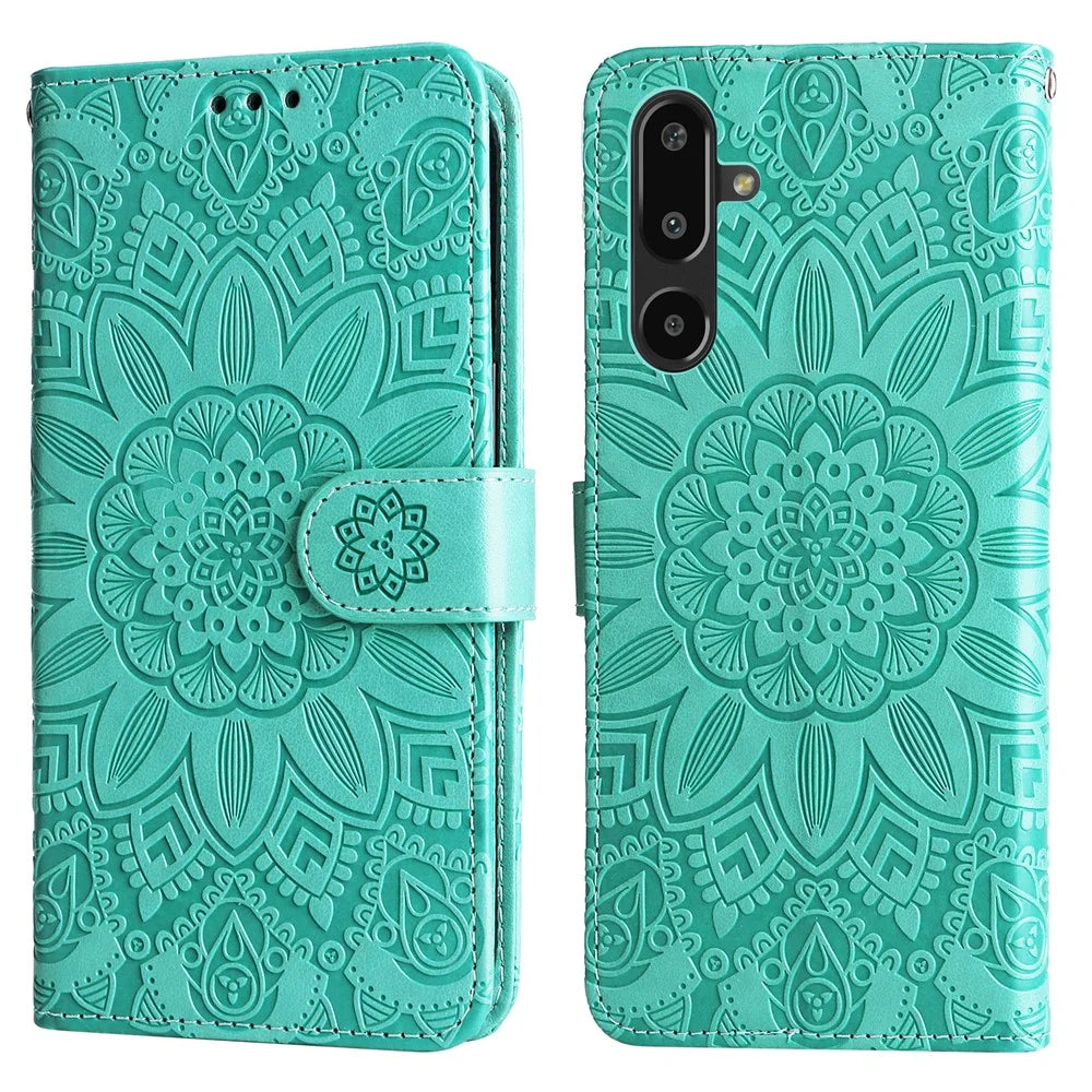 For Samsung Galaxy F16 5G / Galaxy M16 5G Case Sunflower Imprint Leather Wallet Phone Cover - Green - 1