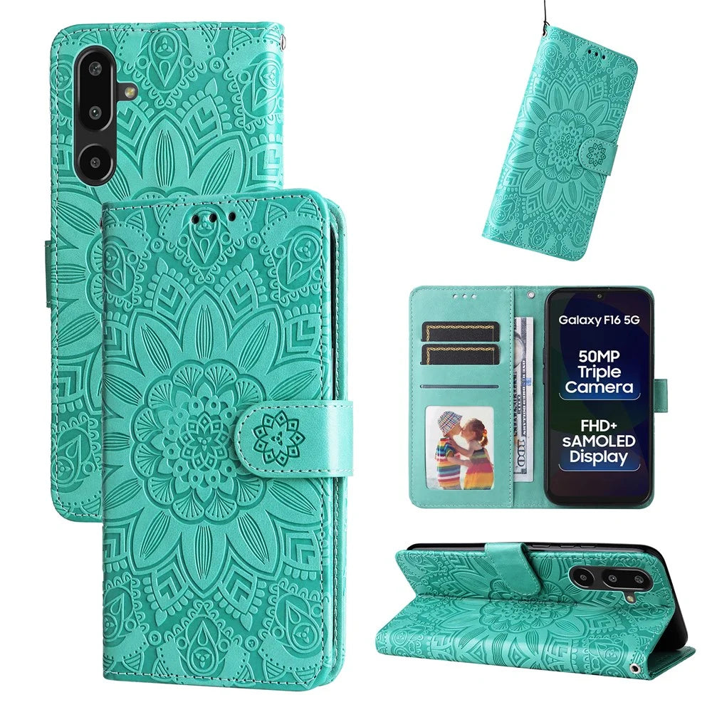 For Samsung Galaxy F16 5G / Galaxy M16 5G Case Sunflower Imprint Leather Wallet Phone Cover - Green - 2