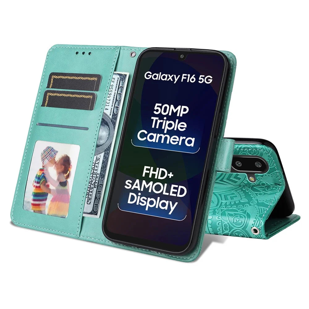 For Samsung Galaxy F16 5G / Galaxy M16 5G Case Sunflower Imprint Leather Wallet Phone Cover - Green - 3