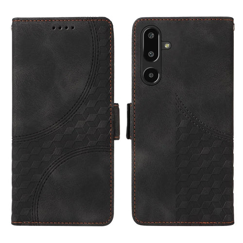For Samsung Galaxy F16 5G / Galaxy M16 5G Leather Cases Wallet Rhombus Imprinted Phone Cover Stand with Strap - Black - 1
