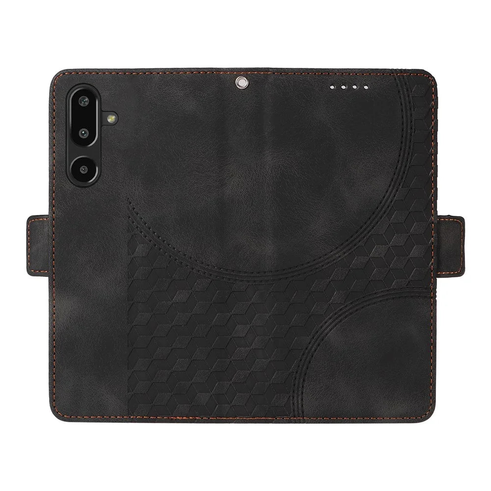 For Samsung Galaxy F16 5G / Galaxy M16 5G Leather Cases Wallet Rhombus Imprinted Phone Cover Stand with Strap - Black - 2
