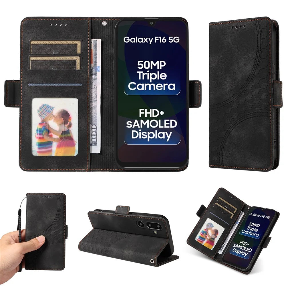 For Samsung Galaxy F16 5G / Galaxy M16 5G Leather Cases Wallet Rhombus Imprinted Phone Cover Stand with Strap - Black - 3