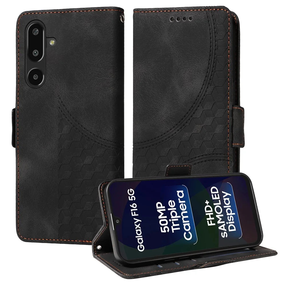 For Samsung Galaxy F16 5G / Galaxy M16 5G Leather Cases Wallet Rhombus Imprinted Phone Cover Stand with Strap - Black - 4