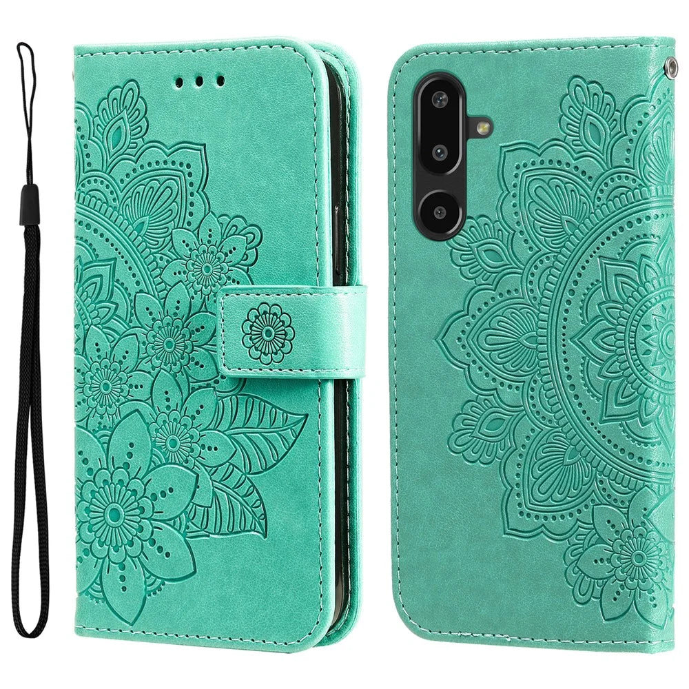 For Samsung Galaxy F16 5G / Galaxy M16 5G Case Floral Pattern PU Leather Wallet Stand Phone Cover - Green - 1