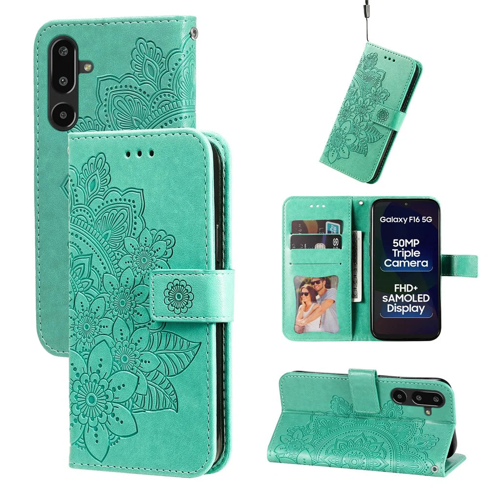 For Samsung Galaxy F16 5G / Galaxy M16 5G Case Floral Pattern PU Leather Wallet Stand Phone Cover - Green - 3