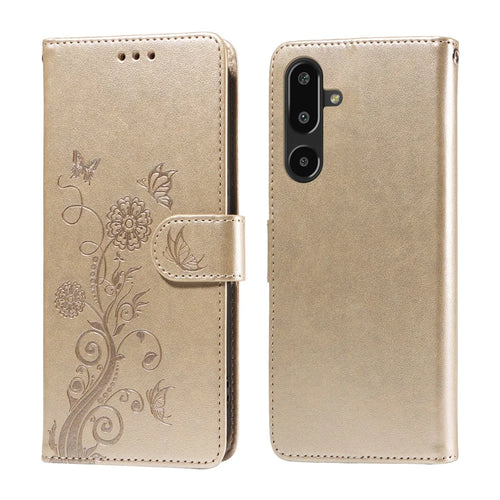 For Samsung Galaxy F16 5G / Galaxy M16 5G Leather Case Butterfly Floral Imprint Wallet Stand Cover - Golden - 1