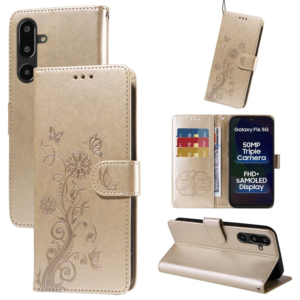 For Samsung Galaxy F16 5G / Galaxy M16 5G Leather Case Butterfly Floral Imprint Wallet Stand Cover - Golden - 2