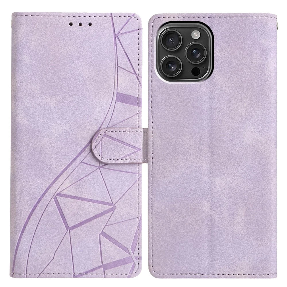 For iPhone 15 Pro Case Wallet Stand Imprinted Triangle Pattern Leather Phone Flip Cover - Purple - 1
