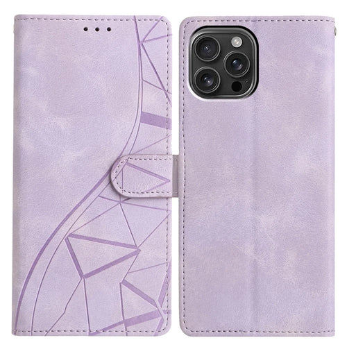 For iPhone 15 Pro Case Wallet Stand Imprinted Triangle Pattern Leather Phone Flip Cover - Purple - 1