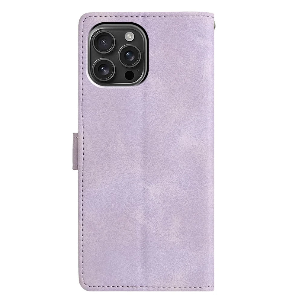 For iPhone 15 Pro Case Wallet Stand Imprinted Triangle Pattern Leather Phone Flip Cover - Purple - 7
