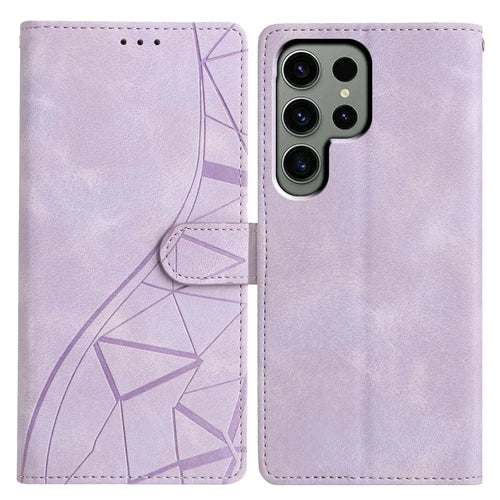 For Samsung Galaxy S25 Ultra Case Wallet Stand Imprinted Triangle Pattern Leather Phone Flip Cover - Purple - 1
