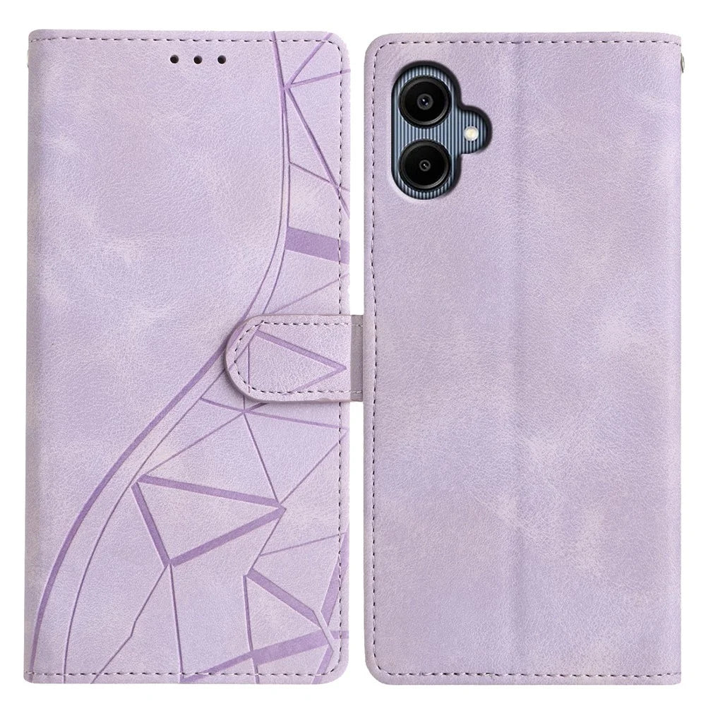 For Samsung Galaxy A06 4G Case Wallet Stand Imprinted Triangle Pattern Leather Phone Flip Cover - Purple - 1