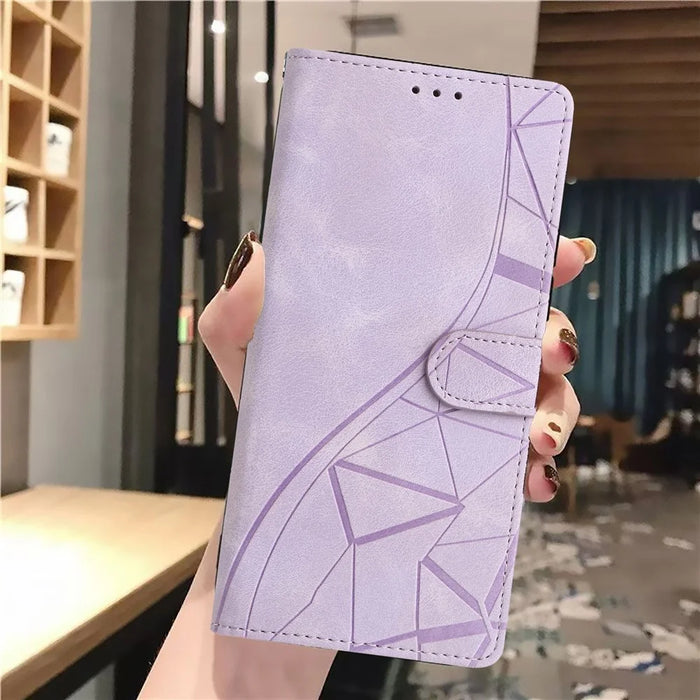 For Samsung Galaxy A34 5G Case Wallet Stand Imprinted Triangle Pattern Leather Phone Flip Cover - Purple - 5