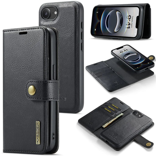 DG.MING for iPhone 17e / 16e Case Detachable Split Leather Phone Cover - Black - 1