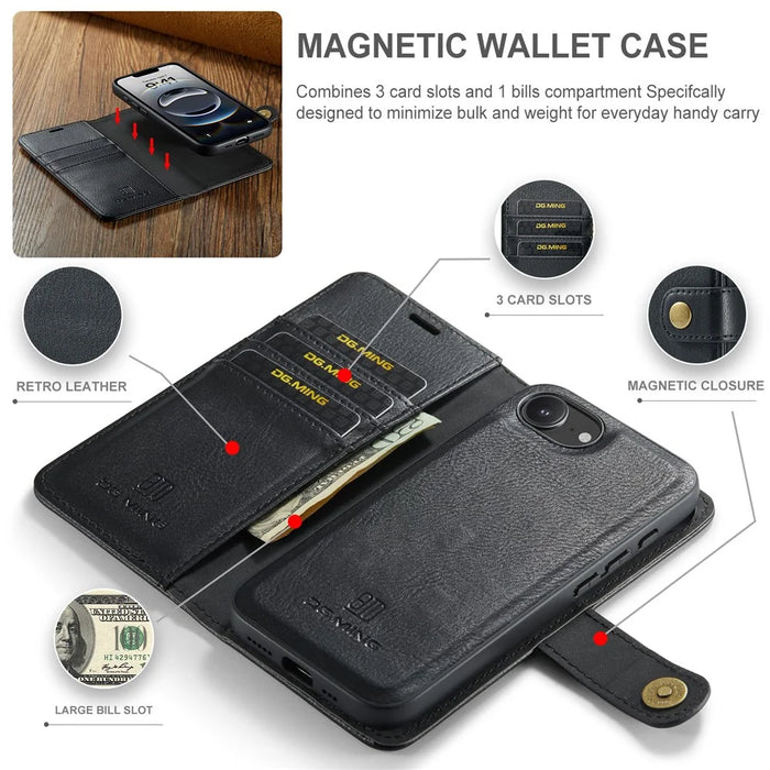 DG.MING for iPhone 17e / 16e Case Detachable Split Leather Phone Cover - Black - 3