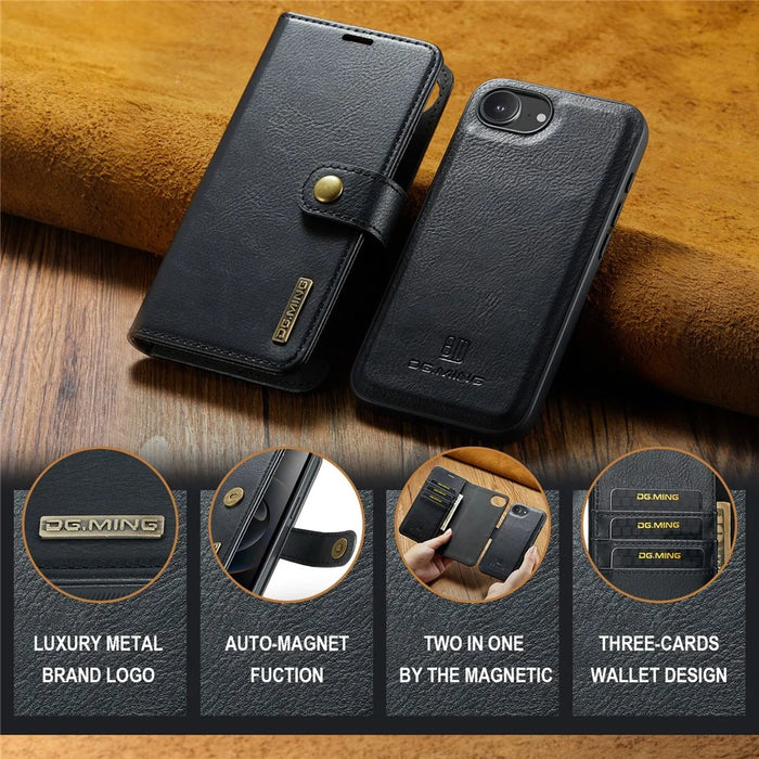 DG.MING for iPhone 17e / 16e Case Detachable Split Leather Phone Cover - Black - 5