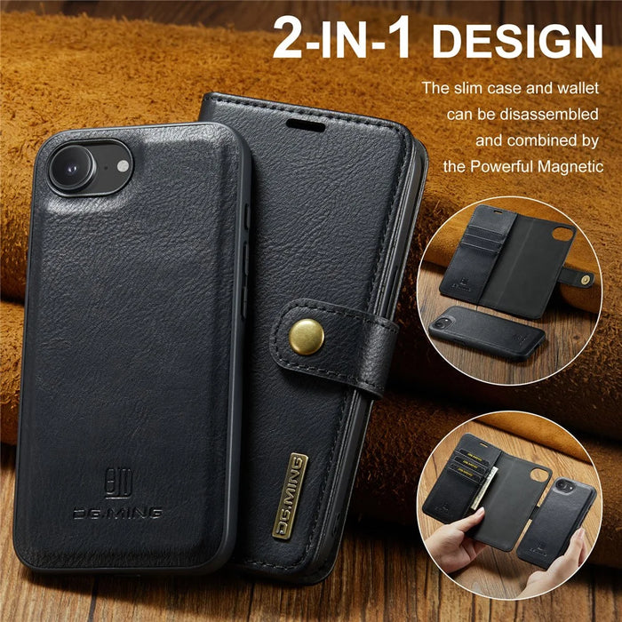 DG.MING for iPhone 17e / 16e Case Detachable Split Leather Phone Cover - Black - 7