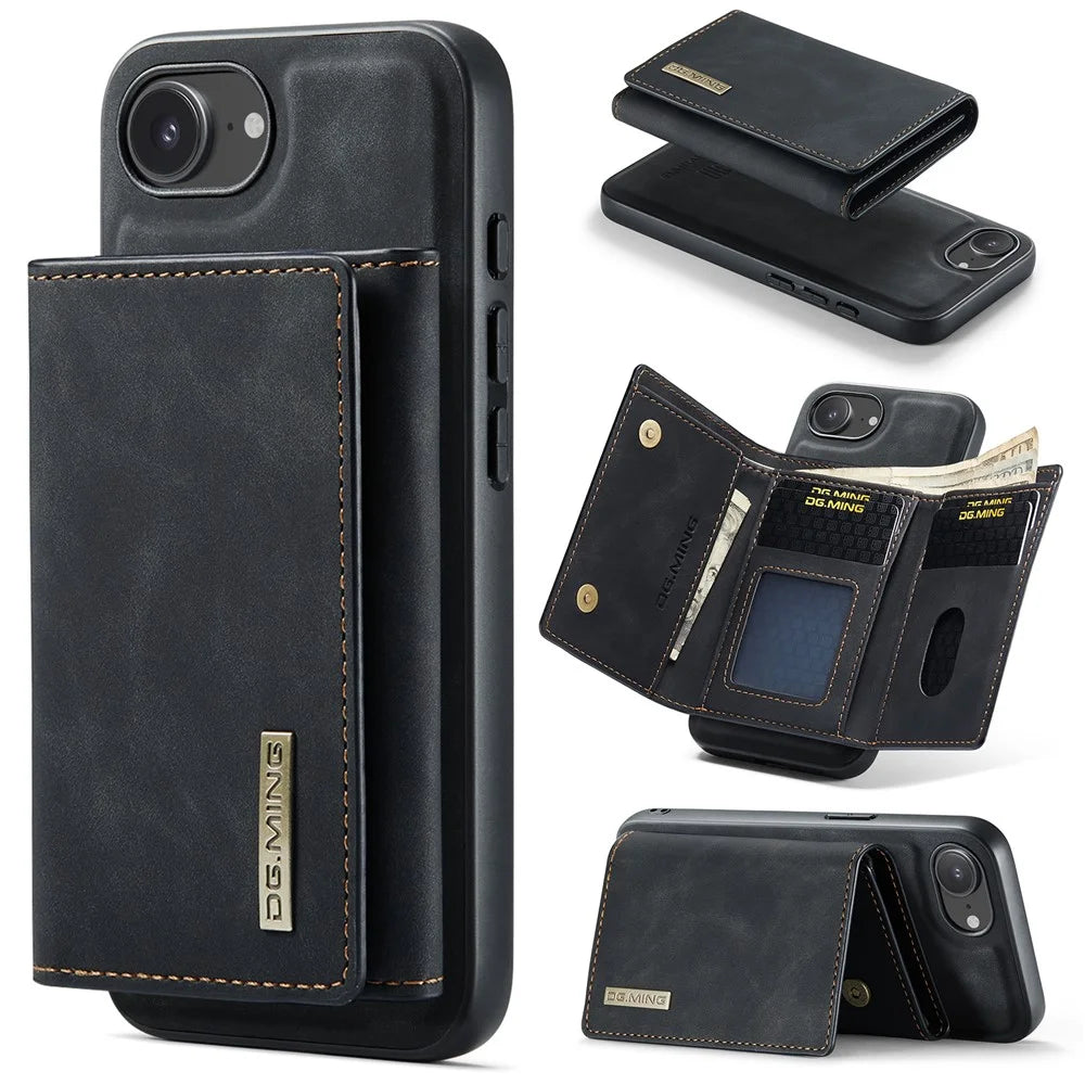 DG.MING M1 Series for iPhone 17e / 16e Case Kickstand PU Phone Cover with Detachable Wallet - Black - 1