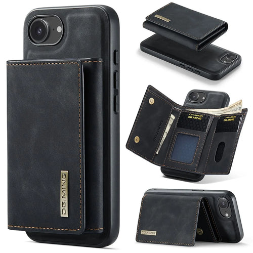 DG.MING M1 Series for iPhone 17e / 16e Case Kickstand PU Phone Cover with Detachable Wallet - Black - 1