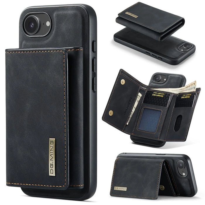 DG.MING M1 Series for iPhone 17e / 16e Case Kickstand PU Phone Cover with Detachable Wallet - Black - 1