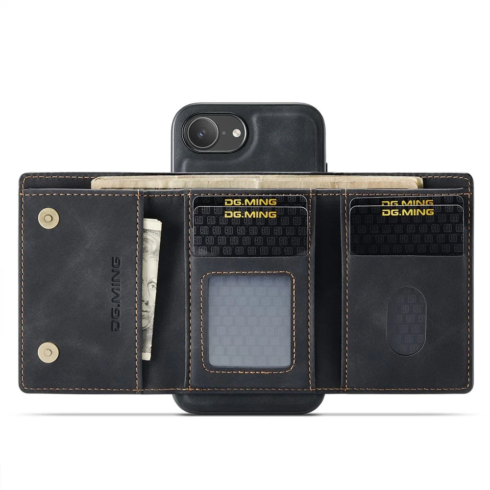 DG.MING M1 Series for iPhone 17e / 16e Case Kickstand PU Phone Cover with Detachable Wallet - Black - 2